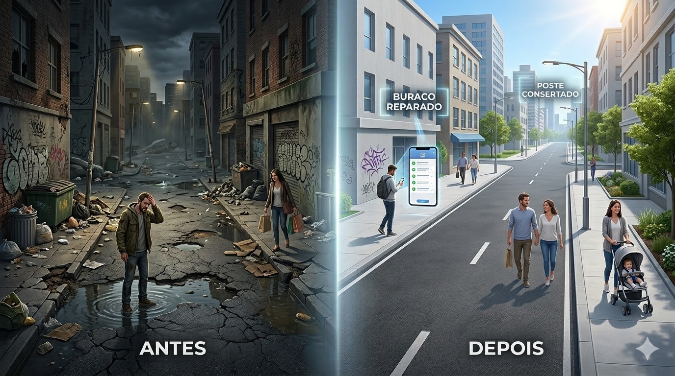 Vista do centro urbano — onde cada tipo de ocorrência ganha visibilidade no mapa